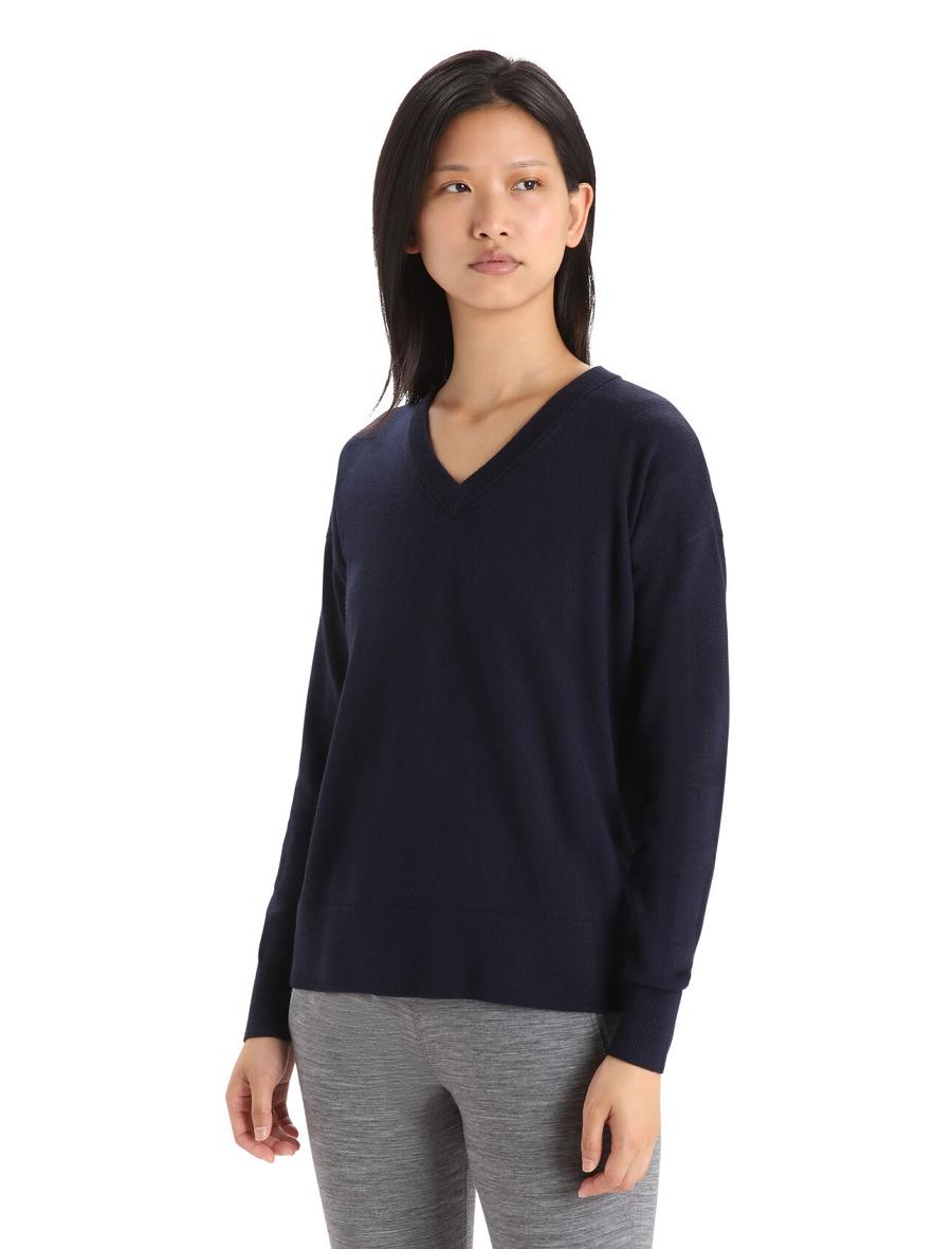 Midnight Navy Women\'s Icebreaker Merino Shearer V Neck Sweaters | USA 1629NWYB